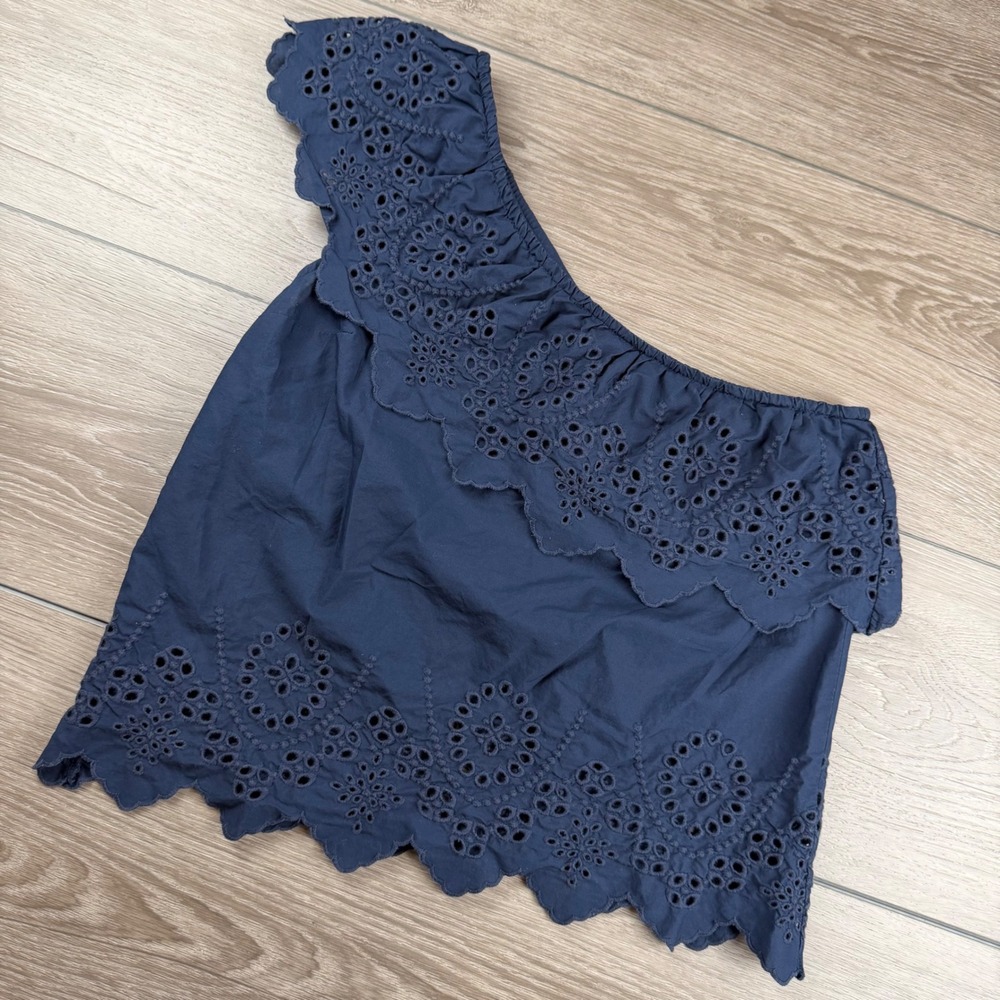 Abercrombie & Fitch Womens Top One Shoulder Eyelet Ruffle Navy Blue Small